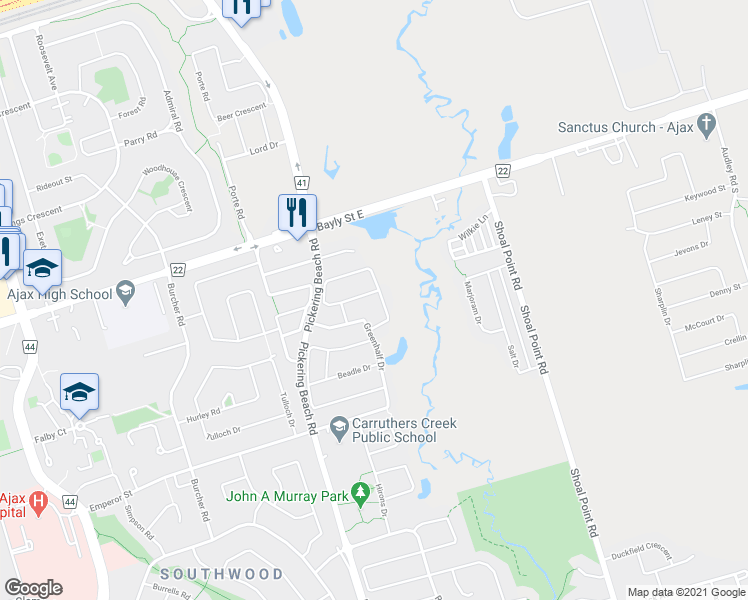 map of restaurants, bars, coffee shops, grocery stores, and more near 171 Angier Crescent in Ajax
