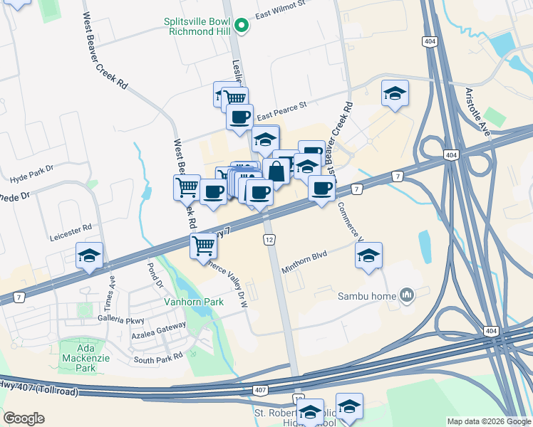 map of restaurants, bars, coffee shops, grocery stores, and more near York Regional Rd 7 & Leslie St in Richmond Hill