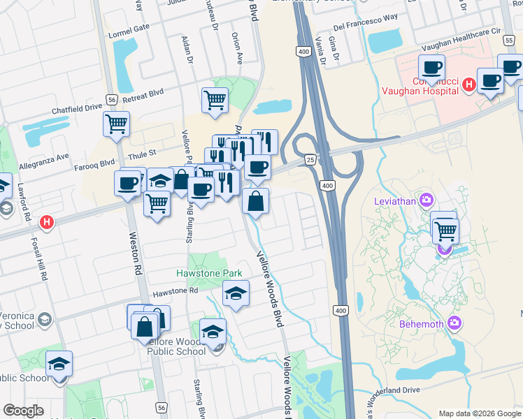 map of restaurants, bars, coffee shops, grocery stores, and more near 74 Bullrush Drive in Vaughan