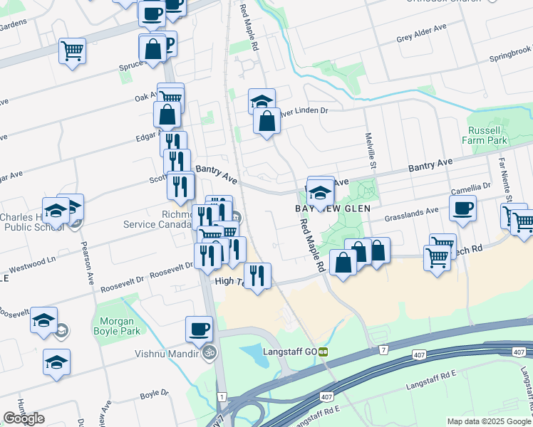 map of restaurants, bars, coffee shops, grocery stores, and more near 105 Oneida Crescent in Richmond Hill