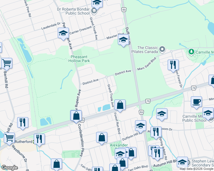 map of restaurants, bars, coffee shops, grocery stores, and more near 86 Grand Trunk Avenue in Vaughan