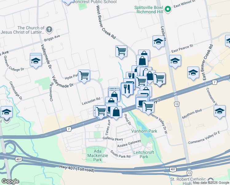 map of restaurants, bars, coffee shops, grocery stores, and more near 18 Samantha Circle in Richmond Hill