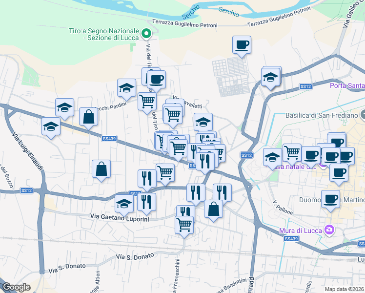 map of restaurants, bars, coffee shops, grocery stores, and more near 41 Via Mimose in Lucca