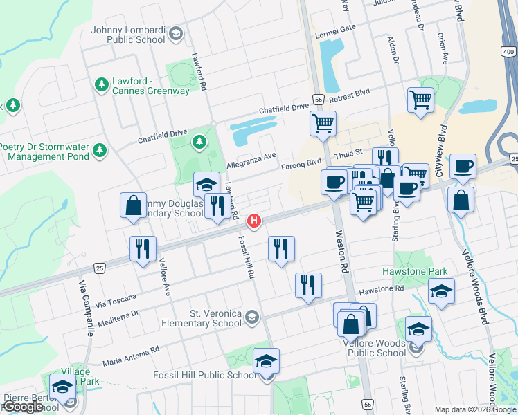 map of restaurants, bars, coffee shops, grocery stores, and more near 25 Sydney Circle in Vaughan