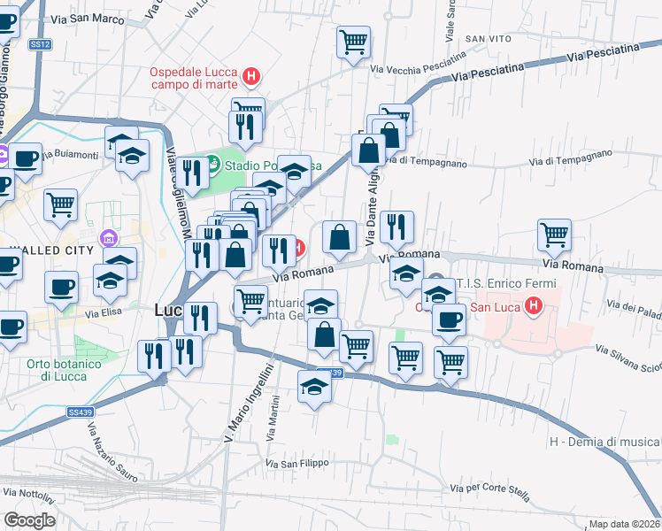 map of restaurants, bars, coffee shops, grocery stores, and more near 359 Via Romana in Lucca