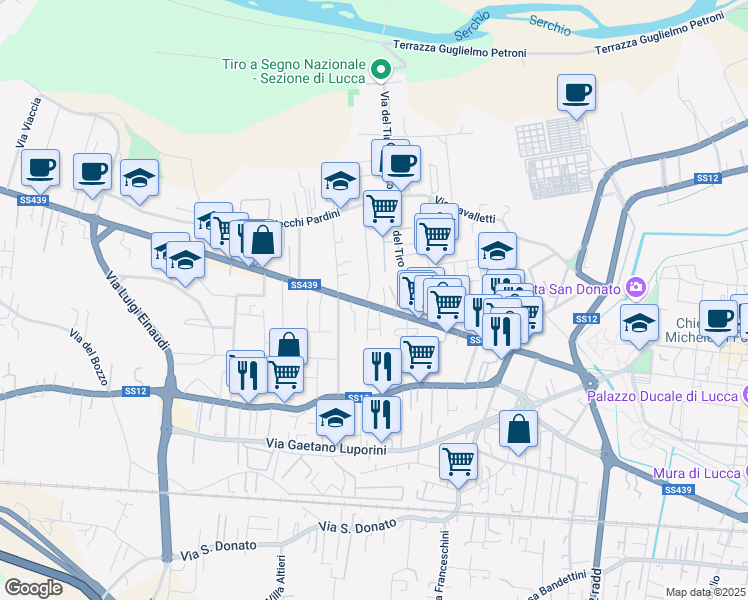 map of restaurants, bars, coffee shops, grocery stores, and more near 61 Via Nicolò Paganini in Lucca