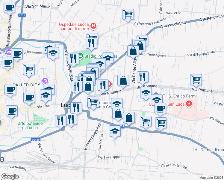 map of restaurants, bars, coffee shops, grocery stores, and more near 359 Via Romana in Lucca