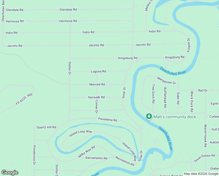 map of restaurants, bars, coffee shops, grocery stores, and more near 17126 Merced Road in Bend
