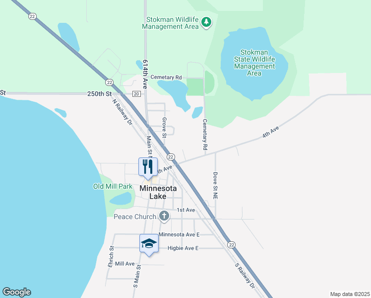 map of restaurants, bars, coffee shops, grocery stores, and more near 219 4th Avenue in Minnesota Lake