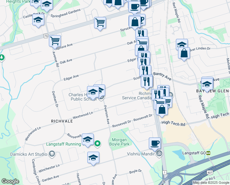 map of restaurants, bars, coffee shops, grocery stores, and more near 28 Mackay Drive in Richmond Hill