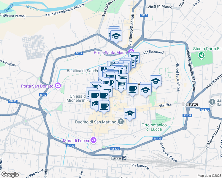 map of restaurants, bars, coffee shops, grocery stores, and more near 2 Corte Compagni in Lucca