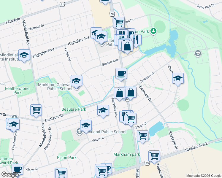 map of restaurants, bars, coffee shops, grocery stores, and more near 20 Kincaid Lane in Markham