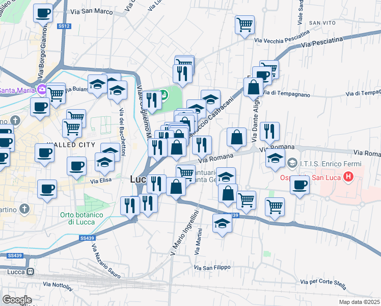 map of restaurants, bars, coffee shops, grocery stores, and more near 361 Viale Castracani in Lucca