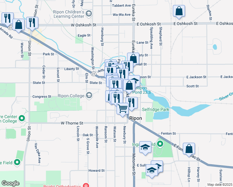 map of restaurants, bars, coffee shops, grocery stores, and more near 210 Watson Street in Ripon