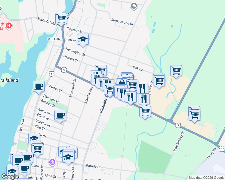 map of restaurants, bars, coffee shops, grocery stores, and more near 70 Starrs Road in Yarmouth