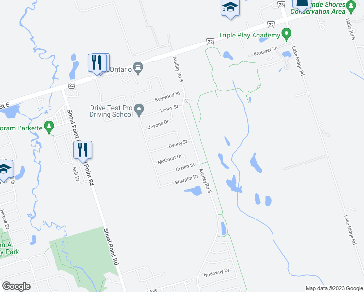 map of restaurants, bars, coffee shops, grocery stores, and more near 45 Denny Street in Ajax