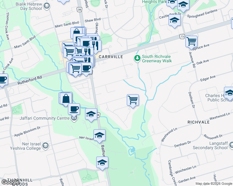 map of restaurants, bars, coffee shops, grocery stores, and more near 24 Day Lily Crescent in Richmond Hill