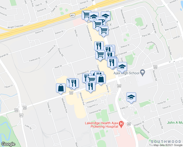 map of restaurants, bars, coffee shops, grocery stores, and more near 5 Webbford Street in Ajax