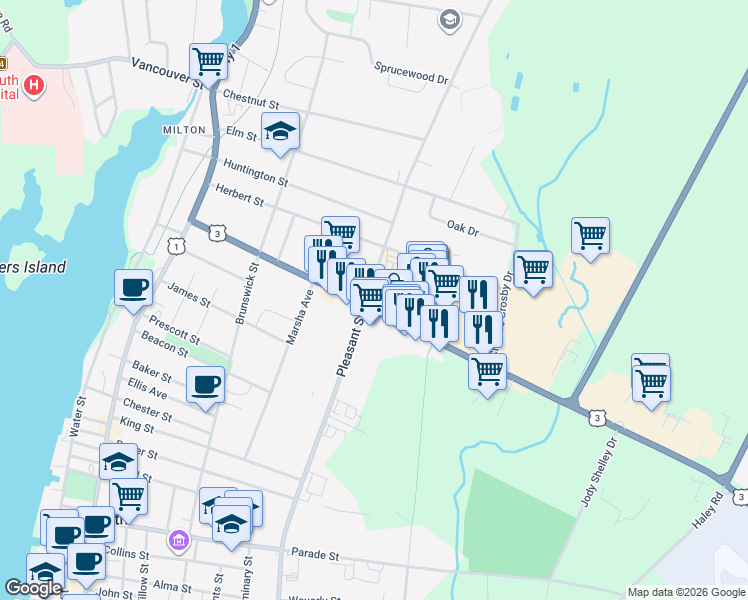 map of restaurants, bars, coffee shops, grocery stores, and more near 68 Starrs Road in Yarmouth