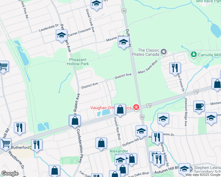 map of restaurants, bars, coffee shops, grocery stores, and more near 87 Grand Trunk Avenue in Vaughan