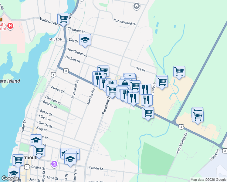 map of restaurants, bars, coffee shops, grocery stores, and more near 70 Starrs Road in Yarmouth