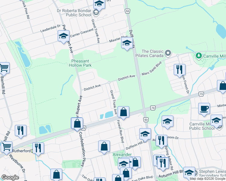 map of restaurants, bars, coffee shops, grocery stores, and more near 3 Grand Trunk Avenue in Vaughan