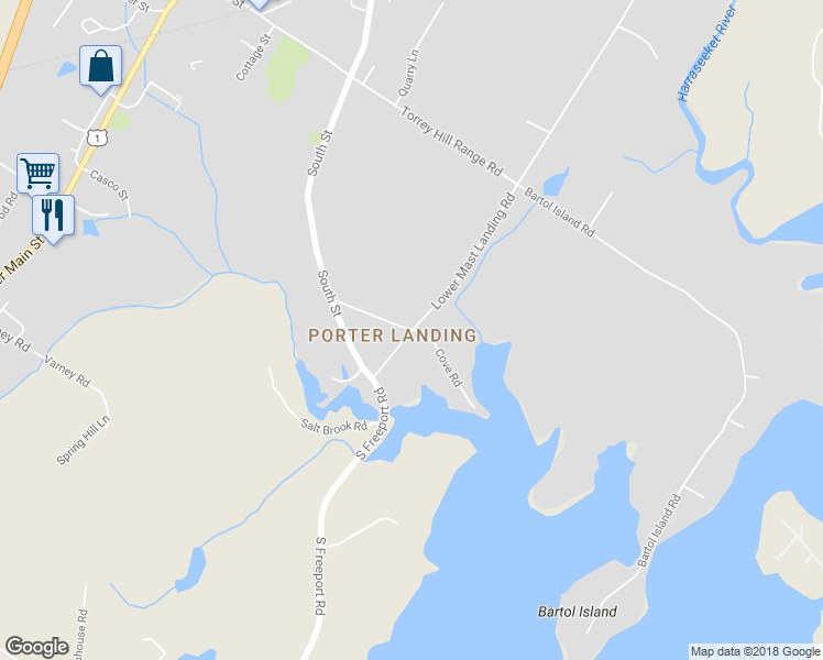 map of restaurants, bars, coffee shops, grocery stores, and more near 3 Porters Landing Road in Freeport