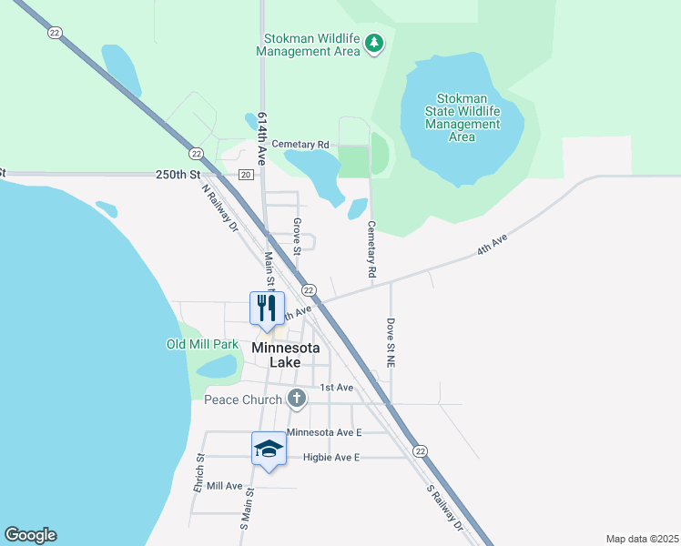 map of restaurants, bars, coffee shops, grocery stores, and more near 219 4th Avenue in Minnesota Lake