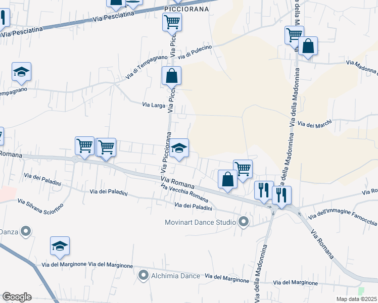 map of restaurants, bars, coffee shops, grocery stores, and more near 171a Via Fonda in Lucca