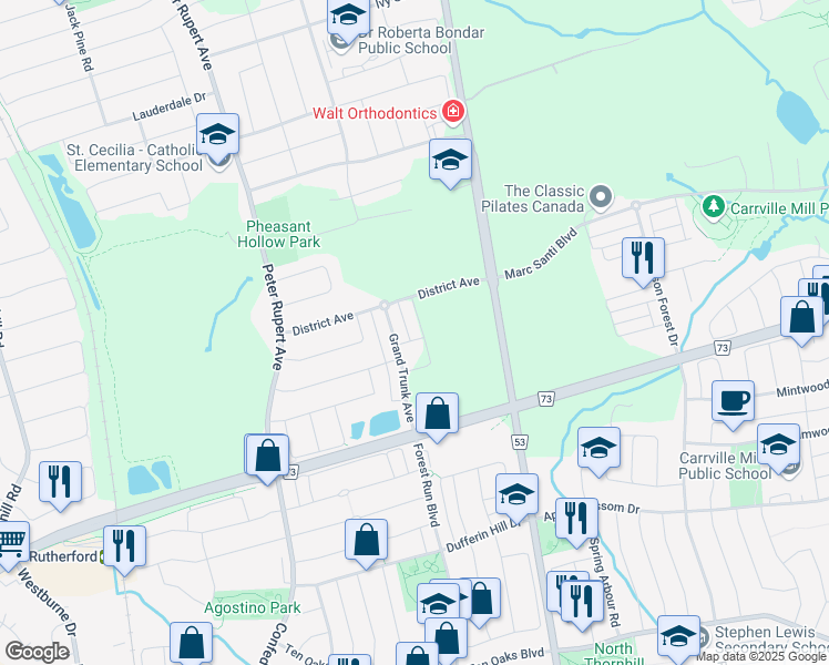map of restaurants, bars, coffee shops, grocery stores, and more near 58 Campobello Street in Vaughan