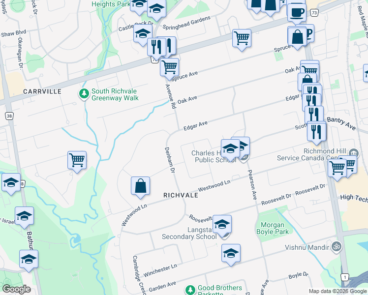 map of restaurants, bars, coffee shops, grocery stores, and more near 26 Orlon Crescent in Richmond Hill