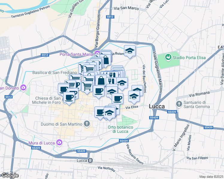 map of restaurants, bars, coffee shops, grocery stores, and more near 26 Via della Fratta in Lucca