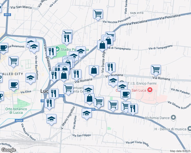 map of restaurants, bars, coffee shops, grocery stores, and more near 489 Via Romana in Lucca