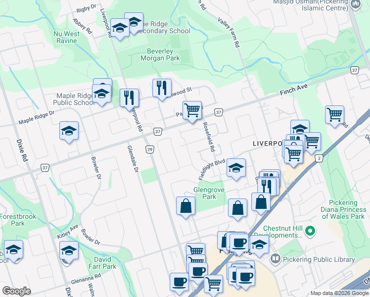 map of restaurants, bars, coffee shops, grocery stores, and more near 1361 Everton Street in Pickering