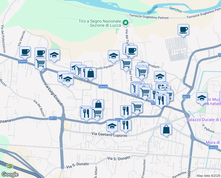map of restaurants, bars, coffee shops, grocery stores, and more near 662 Viale Puccini in Lucca