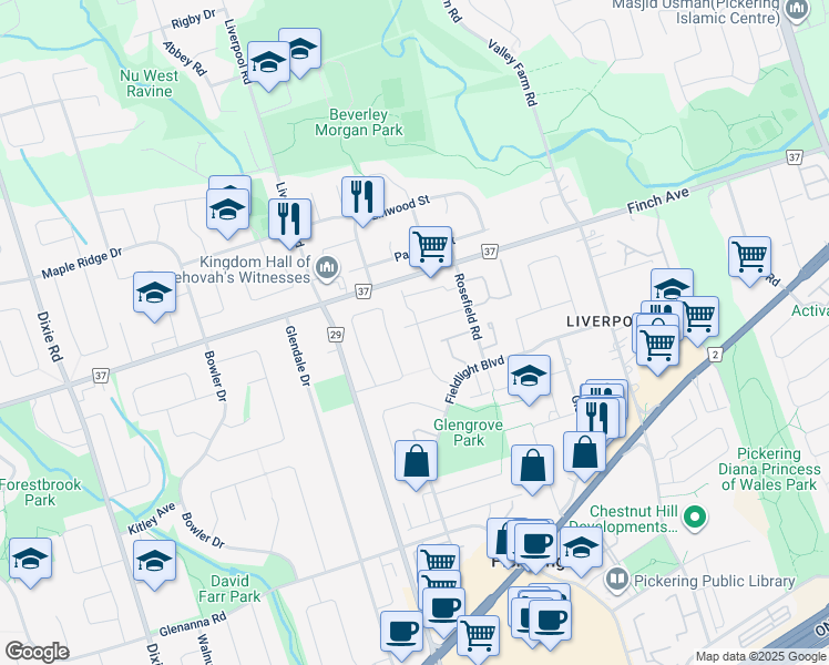 map of restaurants, bars, coffee shops, grocery stores, and more near 1369 Anton Square in Pickering