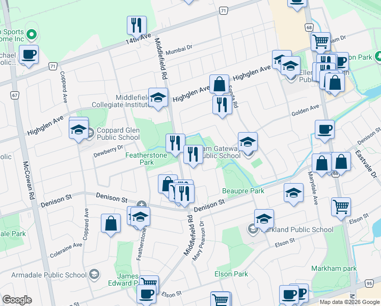 map of restaurants, bars, coffee shops, grocery stores, and more near 73 Doubtfire Crescent in Markham