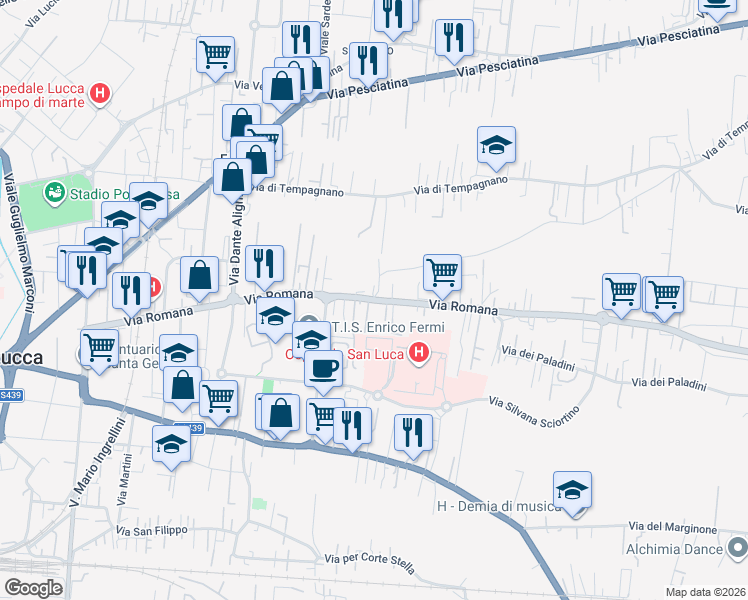 map of restaurants, bars, coffee shops, grocery stores, and more near 1001 Via Romana in Lucca