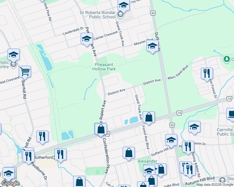 map of restaurants, bars, coffee shops, grocery stores, and more near 169 District Avenue in Vaughan