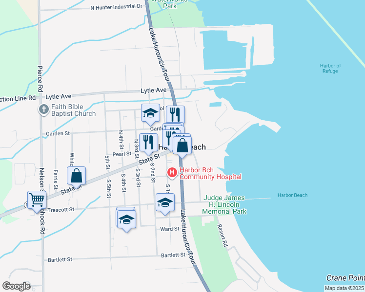 map of restaurants, bars, coffee shops, grocery stores, and more near 79 State Street in Harbor Beach