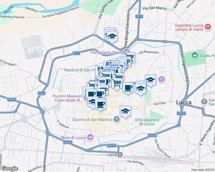 map of restaurants, bars, coffee shops, grocery stores, and more near 2 Corte Compagni in Lucca