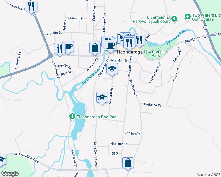 map of restaurants, bars, coffee shops, grocery stores, and more near 359 Amherst Avenue in Ticonderoga