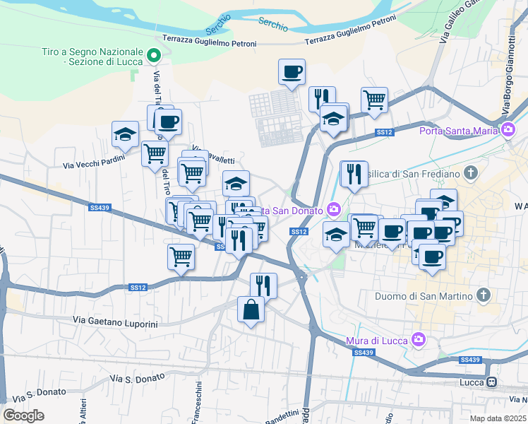map of restaurants, bars, coffee shops, grocery stores, and more near 206 Via C. Angeloni in Lucca