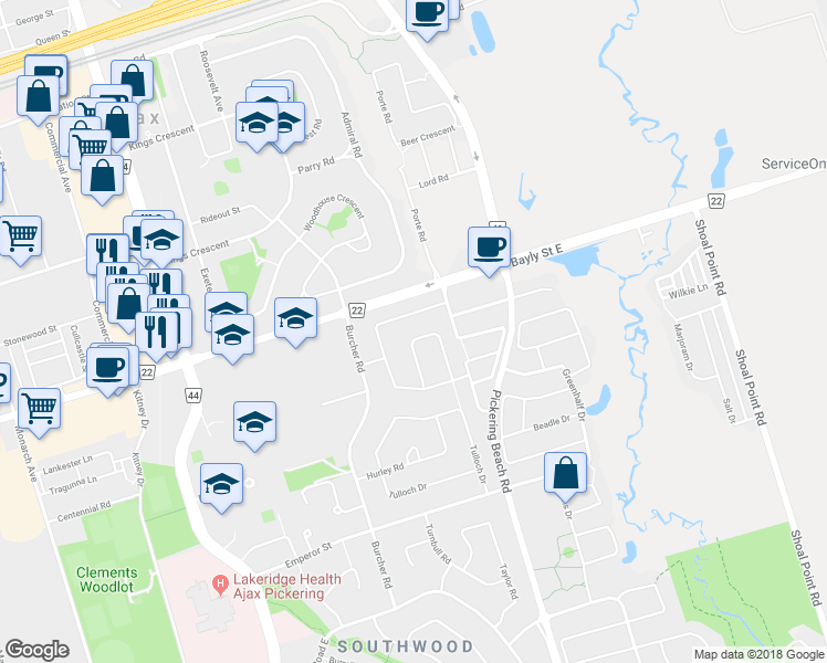 map of restaurants, bars, coffee shops, grocery stores, and more near 41 Thorncroft Crescent in Ajax