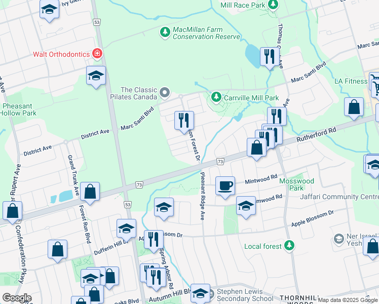 map of restaurants, bars, coffee shops, grocery stores, and more near 106 Carrville Woods Circle in Vaughan