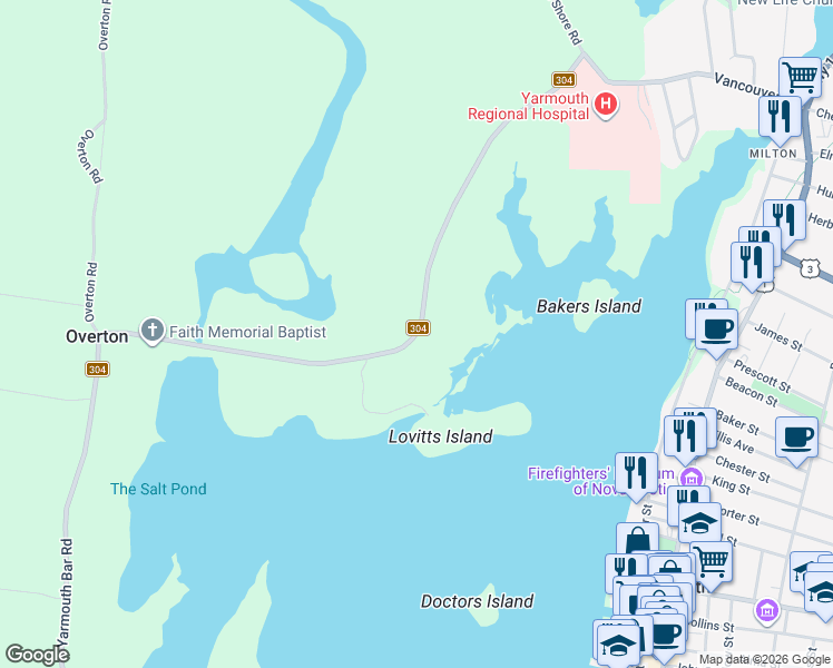 map of restaurants, bars, coffee shops, grocery stores, and more near 227 Grove Road in Yarmouth