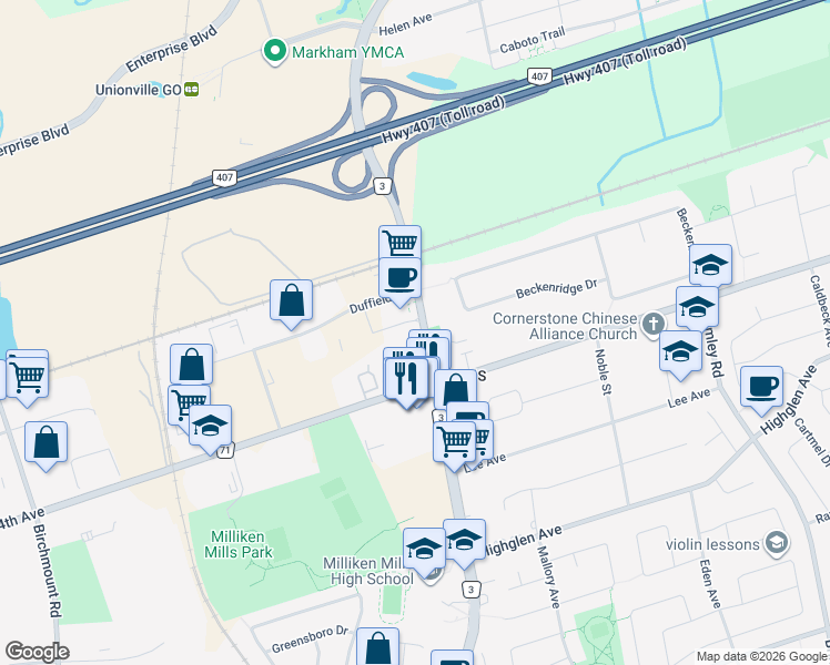 map of restaurants, bars, coffee shops, grocery stores, and more near in Markham
