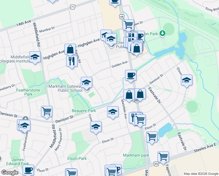 map of restaurants, bars, coffee shops, grocery stores, and more near in Markham
