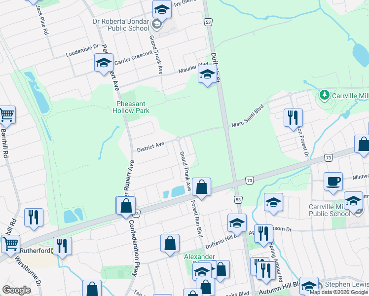 map of restaurants, bars, coffee shops, grocery stores, and more near 95 Grand Trunk Avenue in Vaughan