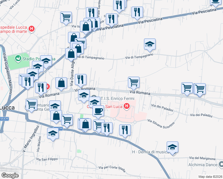 map of restaurants, bars, coffee shops, grocery stores, and more near 1001 Via Romana in Lucca